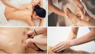 Pateiktos keturios nuotraukos, kuriose vaizduojamas masažas, atliekamas naudojant minkštųjų audinių atpalaidavimo (Soft Tissue Release) techniką. Specialistas, naudodamas įvairias kūno dalis, masažuoja pacientą.