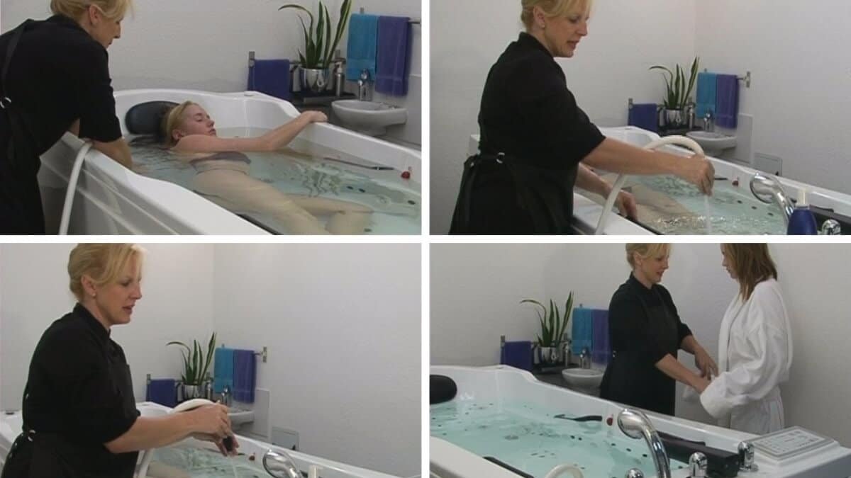 Apžvelgiamas Povandeninis slėgio masažas (Underwater Pressure Massage), pateikti keturi paveiksliukai, kur pavaizduota specialistė, kaip jinai atlieka procedūra vonioje pacientei.