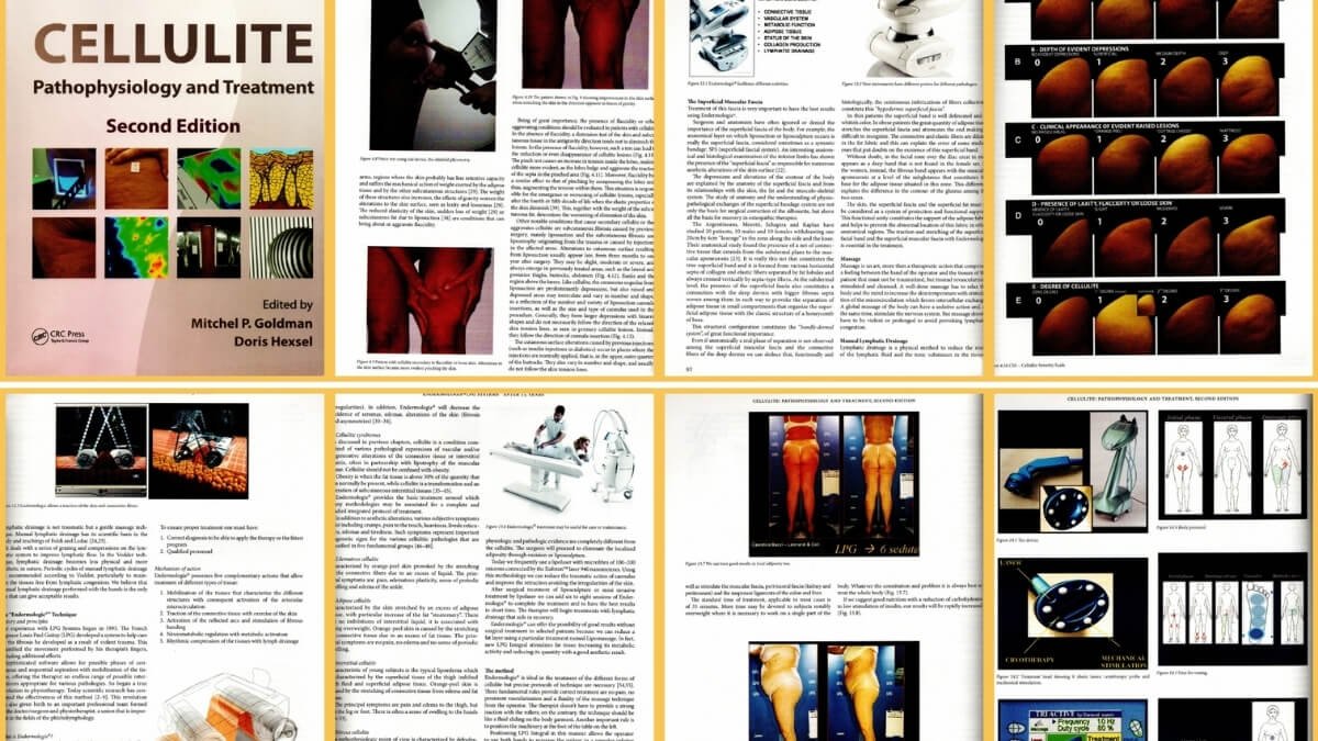 Knygos Cellulite Pathophysiology and Treatment Second Edition turinis. Kuriame atvaizduotos taikomos celiulitui procedūros.