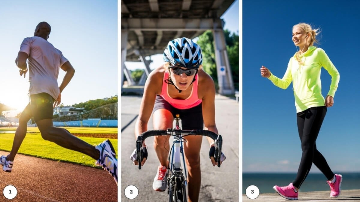 Apžvelgimas apšilimas sužalojimų prevencijai (Warm-Up For Injury Prevention). Pavaizduoti trys paveiksliukai, viename matome kai vyras bėga, kitame su dviračiu važiuoja ir kitame kai moteris eina.