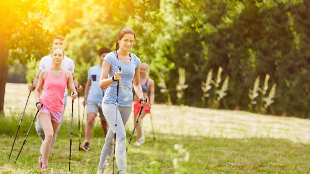 Apžvelgimas šiaurietiškas ėjimas. Paveiksliuke atvaizduota grupe žmonių. Tiek vyrų ir moterų, eidami gamtoje naudojant šiaurietiškas lazdas.
