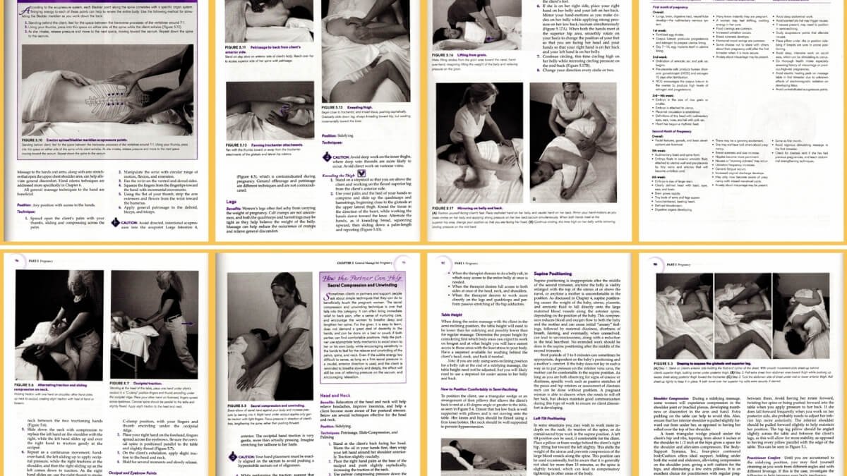 Apžvelgiamos pačios geriausios nėščiųjų masažo knygos, "Nurturing Massage for Pregnancy: A Practical Guide to Bodywork for the Perinatal Cycle", bei pristatomos iliustracijos iš šios knygos.