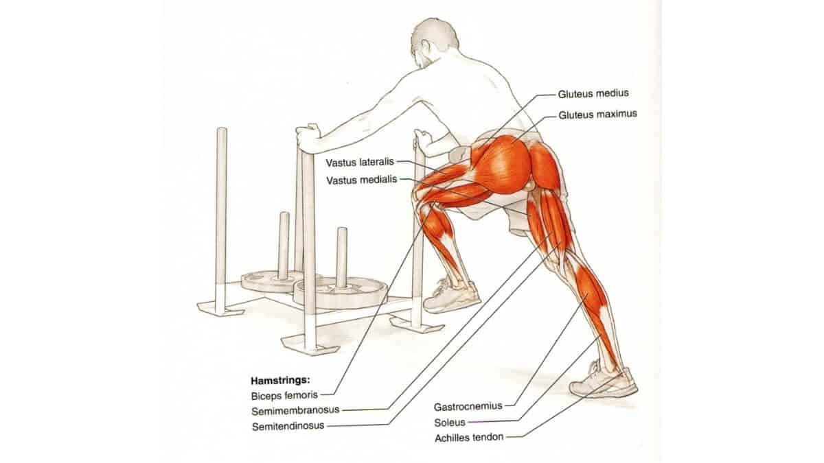 Svertinių rogių treniruotės (sled training). Pateikta iliustracija iš knygos Functional Training Anatomy.