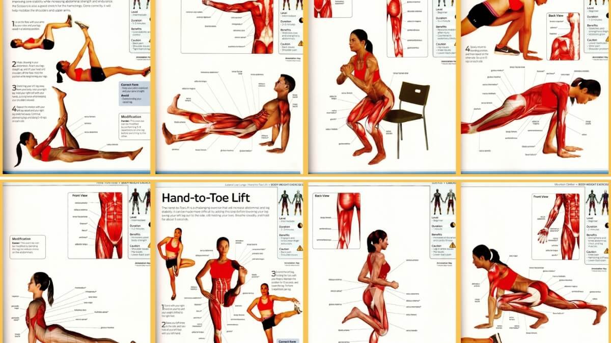 knygo turinio Anatomy of Fitness pavaizduoti atliekami pratimai. Kur matomi aktyvuojami raumenis.
