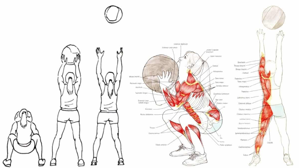 Medicininio Kamuolio Pratimų Veiksmingumas (Medicine Ball). Pateikta iliustracija kur mergina ir vaikinas naudoja medicininį kamuolį atsibaudimams nuo žemės.