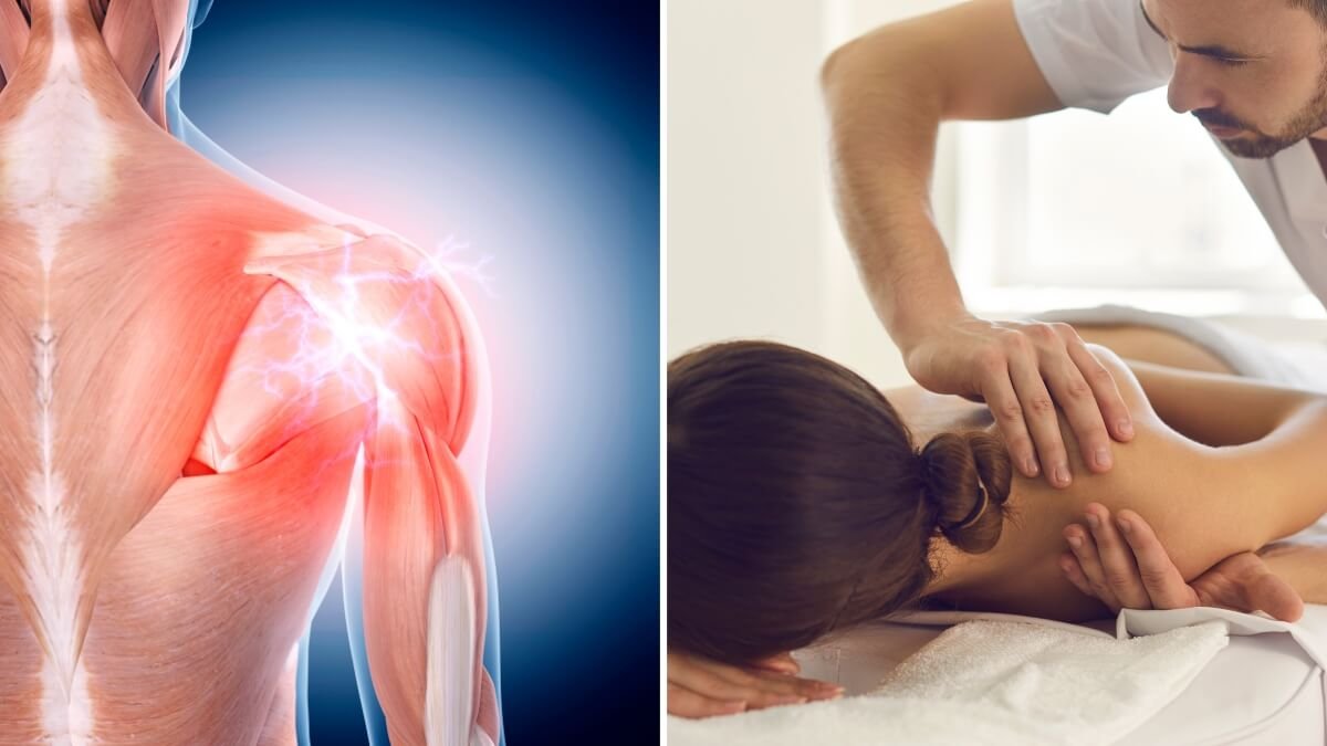 Masažas Esant Užšalusio Peties Sindromui (Massage For Frozen Shoulder). Specialistas atlieką masažą esant užšalusio peties sindromui.