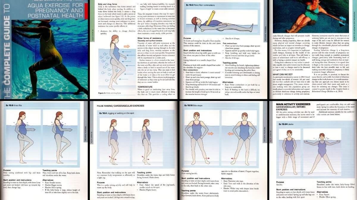 Geriausios Knygos Apie Nėščiųjų Mankštą Vandenyje. Knygos The Complete Guide to Aqua Exercise for Pregnancy and Postnatal Health Turinio Iliustracijos.