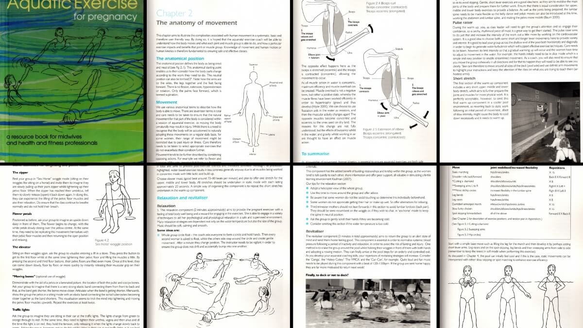 Geriausios Knygos Apie Nėščiųjų Mankštą Vandenyje. Knygos The Complete Guide to Aqua Exercise for Pregnancy and Postnatal Health Turinio Iliustracijos.