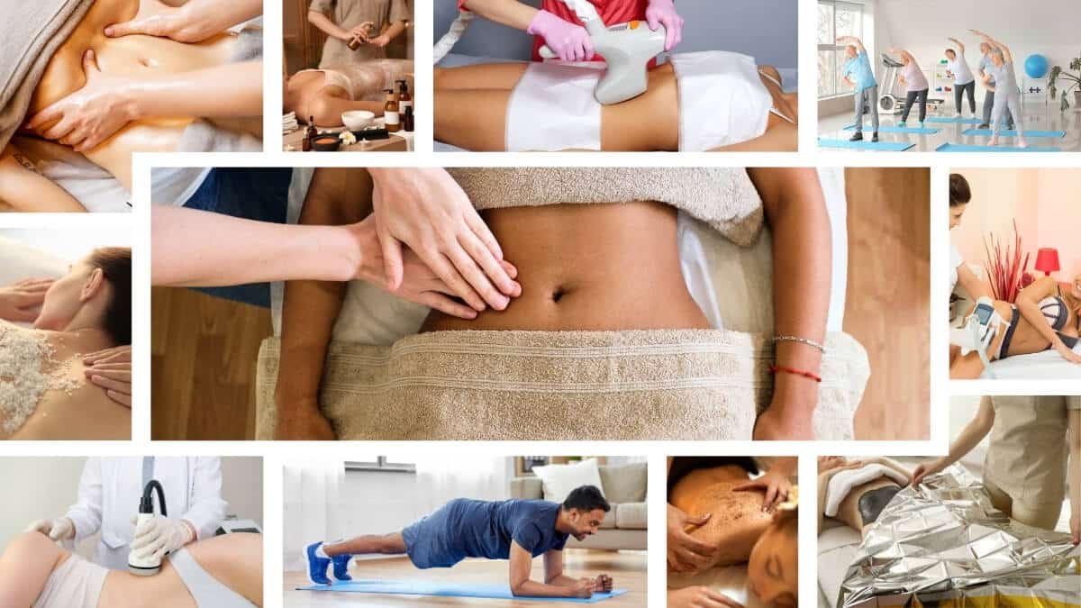 Holistinis Masažas Pilvui – Harmoningas Pavyzdinis Priėjimas. Iliustracijoje pateiktos, skirtingos masažo, fizioterapijos ir sveikatinimo programos skirtos pilvo procedūroms.