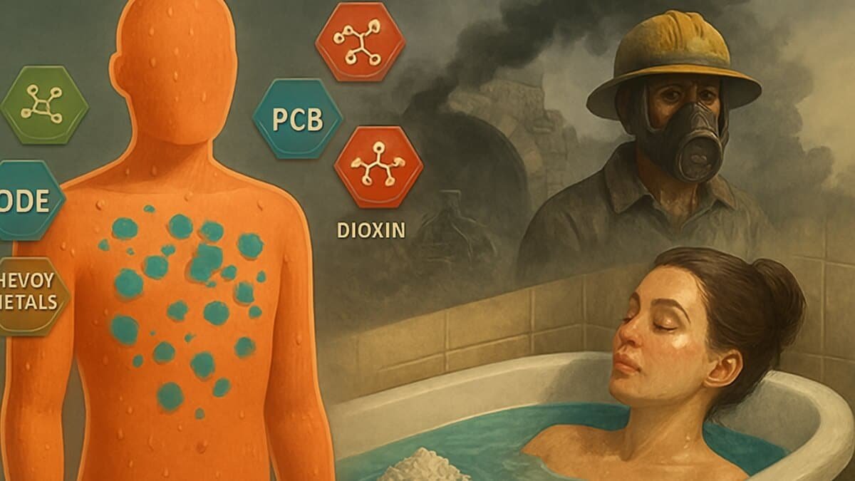 Detoksikacijos Gydymas (Detoxification Treatment). Pavaizduota, kaip vyksta detoksikacija viso kūno šildymui, moteriai esant karštoje vonioje.