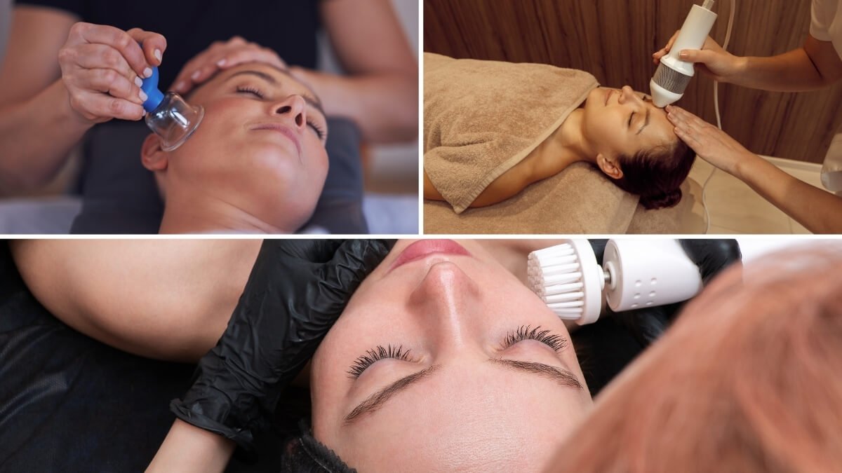 Holistinis Masažas Veidui – Harmoningas Pavyzdinis Priėjimas. Pateiktos papildomos procedūros veidui, tokios kaip garsinis masažo aparatas, veido valymo sepetėlio prietaisas, vakuuminio siurbimo masažo aparatas.