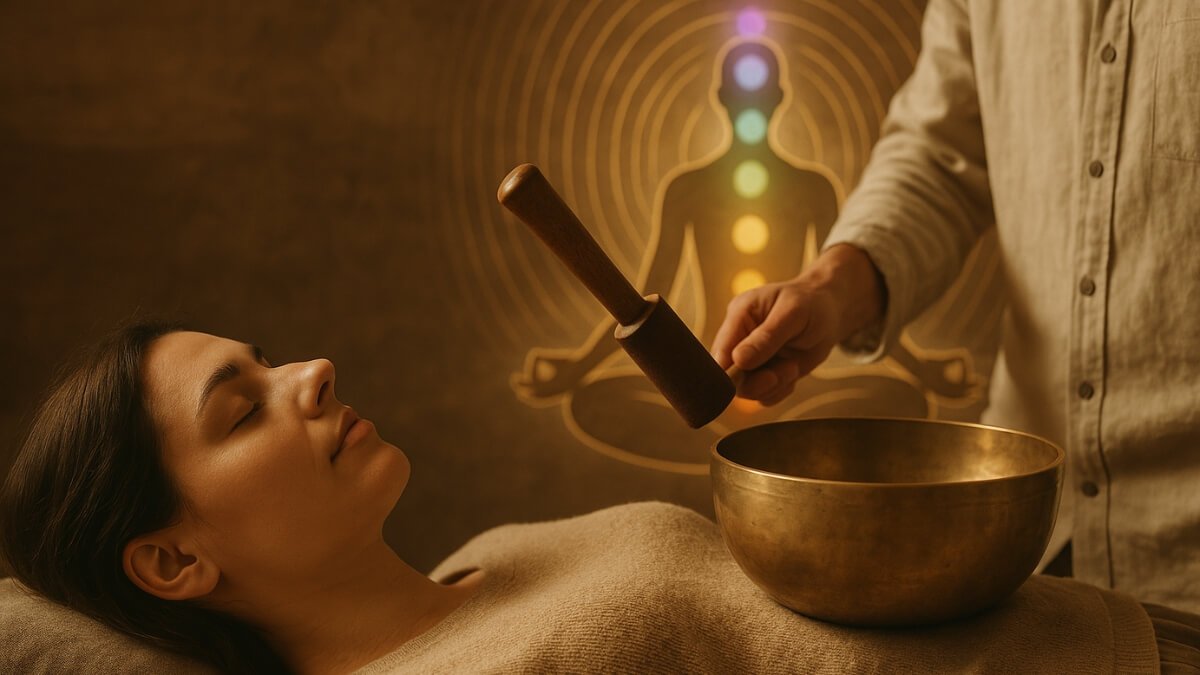 Garso Terapija (Sound therapy). Specialistas taiko gongų terapija klientei.