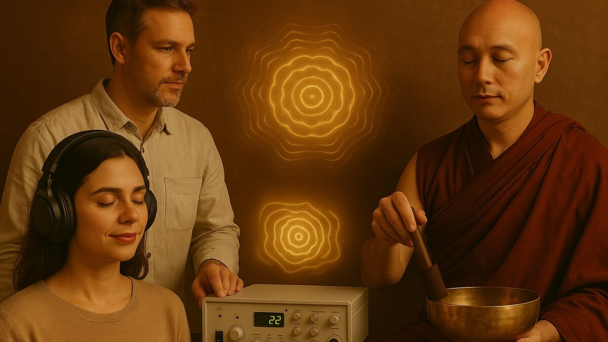 Garso Terapija (Sound therapy). Iliustracijoje pateikiam kaip teigiamai veikia cimatinių bangų iki sąmonės balanso.