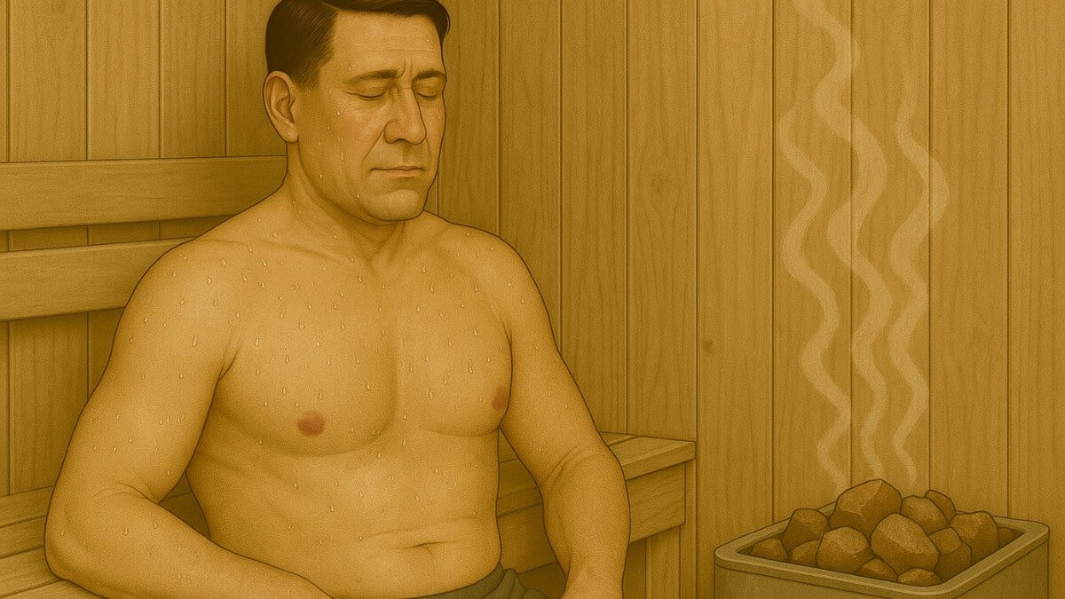Tonizuojantis Hidroterapijos Gydymas. Pavaizduotas sauna kurioje yra vyras.