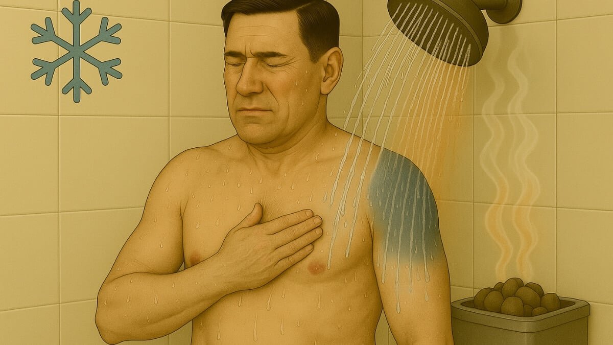 Tonizuojantis hidroterapijos gydymas. Moteris stovi po šaltu dušu.