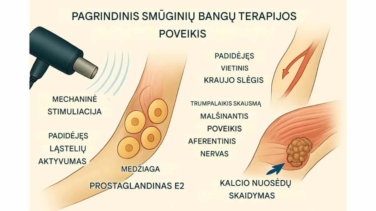 Smūginės Bangos Terapija (Shockwave Therapy). Pateiktas fiziologinis smūginės bangos terapijos poveikis kūnui.