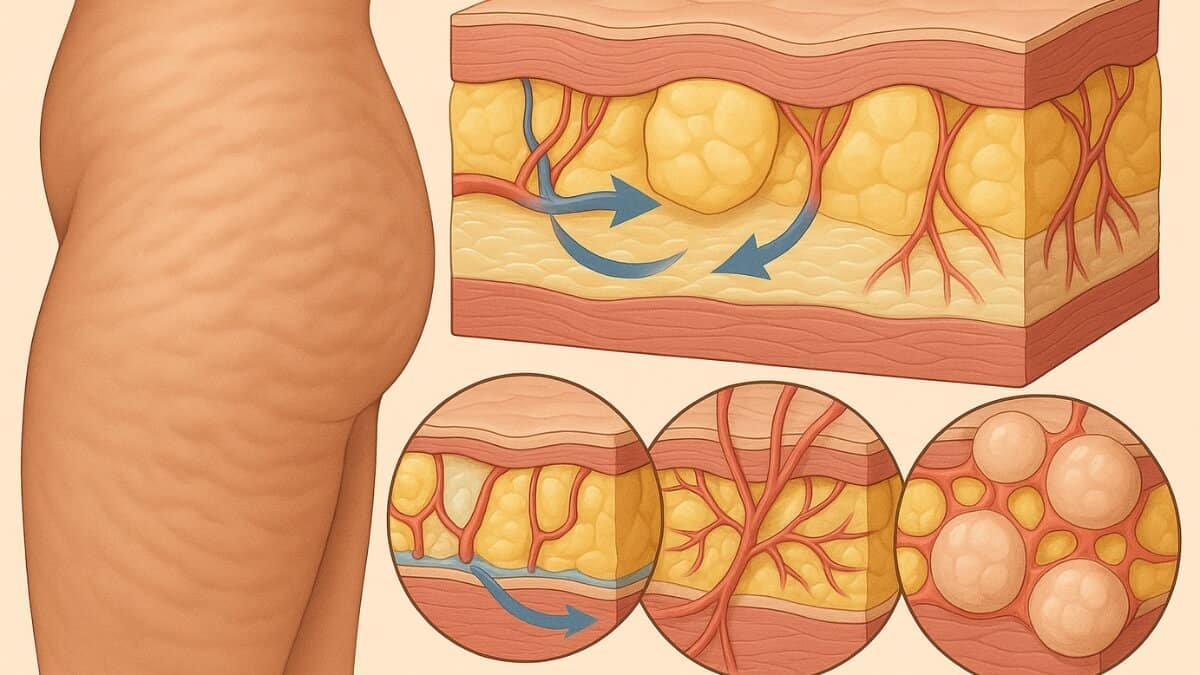 Celiulito Apibrėžimas Ir Kiti Diagnostikos Metodai. Iliustracija perteikia, kaip susidaro celiulitas.