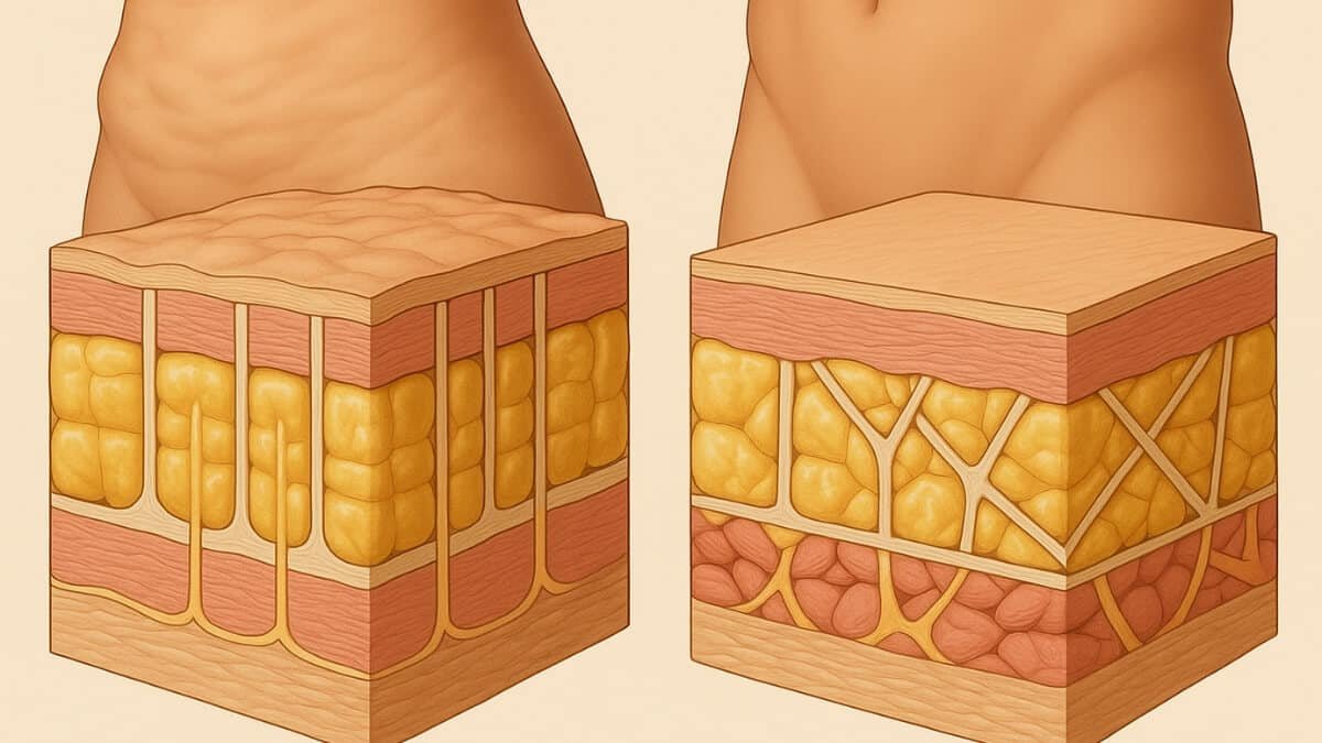 Celiulito Apibrėžimas Ir Kiti Diagnostikos Metodai. Iliustracija perteikia, celiulito raida.