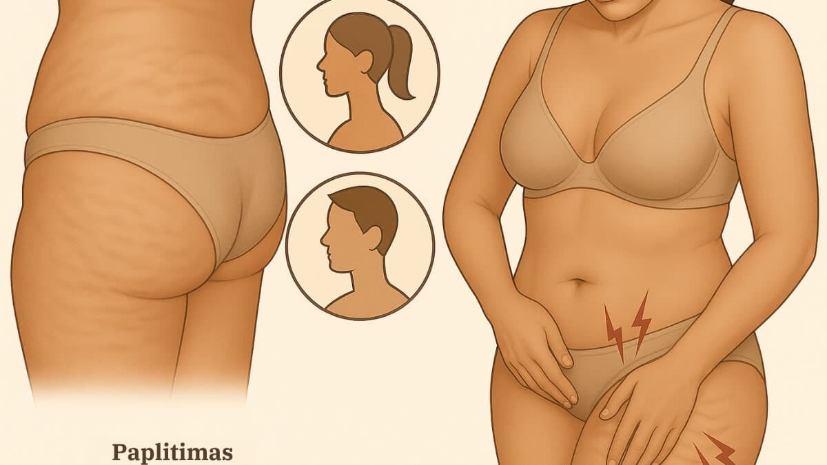Celiulito Apibrėžimas Ir Kiti Diagnostikos Metodai. Iliustracija perteikia, kokie yra celiulitui būdingi odos paviršiaus pokyčiai: