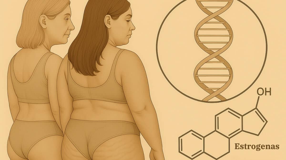 Celiulito Patofiziologija. Iliustracija perteikia kokie yra genetiniai veiksniai ir hormonų įtaka celiulito formavimuisi.