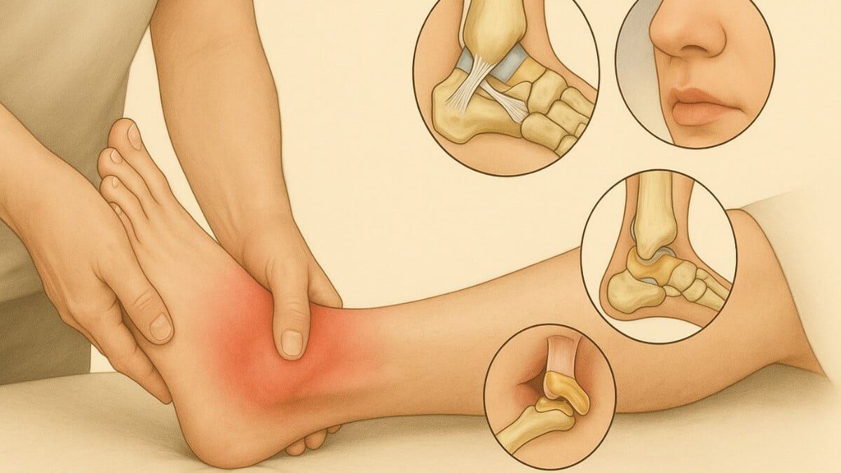 Masažas Esant Kulkšnies Patempimui (Massage For Ankle Sprain). Iliustracija pateikia kulkšnies patempimą.