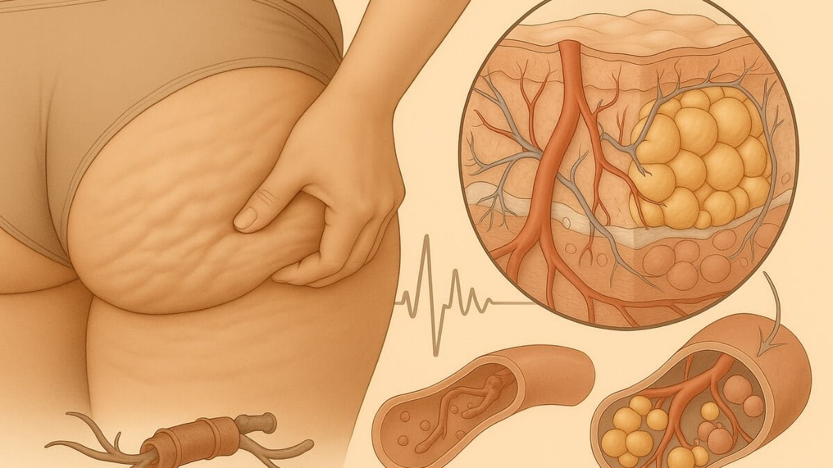 Celiulito Patofiziologija. Iliustracija perteikia kokie yra genetiniai veiksniai ir hormonų įtaka celiulito formavimuisi.