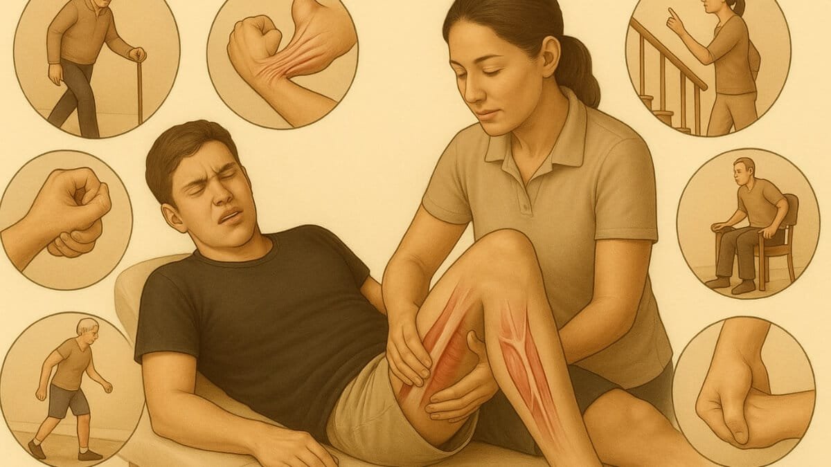Masažas Esant Blauzdikaulio Streso Sindromui (Shin Splints). Specialistė tikrina blauzda po streso sindromo traumos.