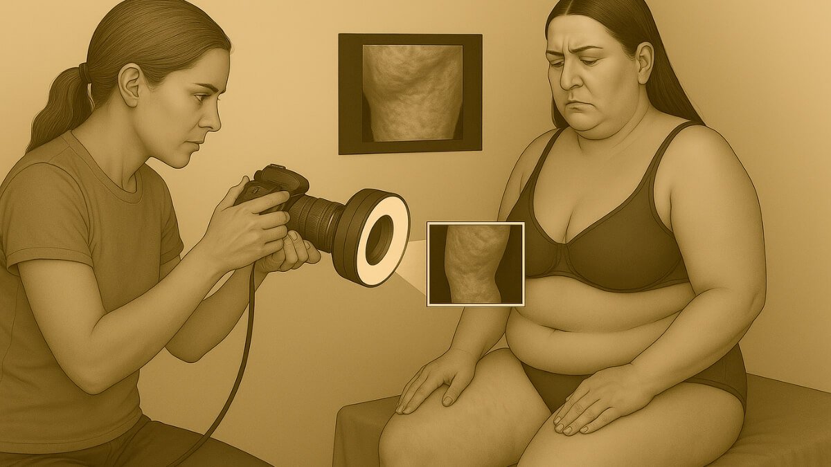 Celiulito Diagnostikos Metodai. Iliustracija perteikia fotografijos metodika nustatant celiulitą.