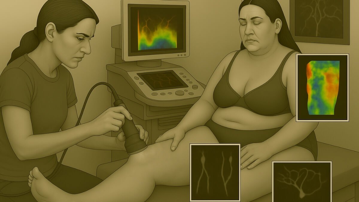 Celiulito Diagnostikos Metodai. Iliustracija perteikia kaip taikomas kraujagyslių vaizdinimas tiriant celiulitą.