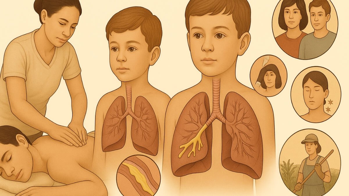 Masažas Esant Astmai (Massage for Asthma). Iliustracija perteikia masažą esant astmai.