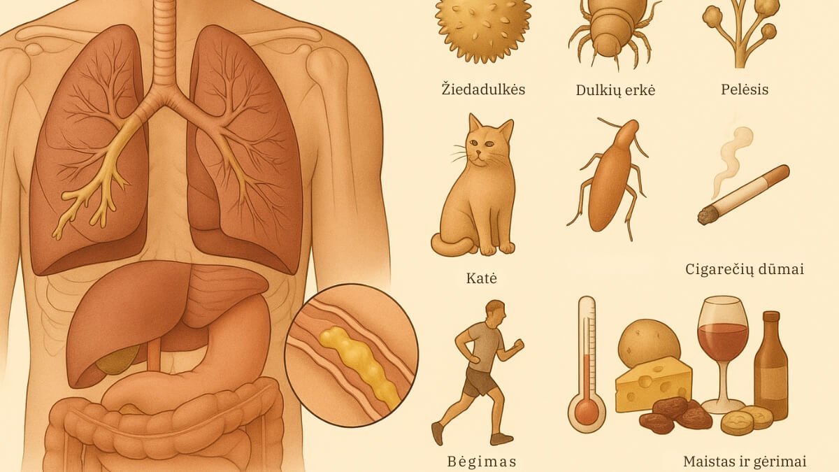Masažas Esant Astmai (Massage for Asthma). Iliustracija perteikia astmos etiologija (priežastys).