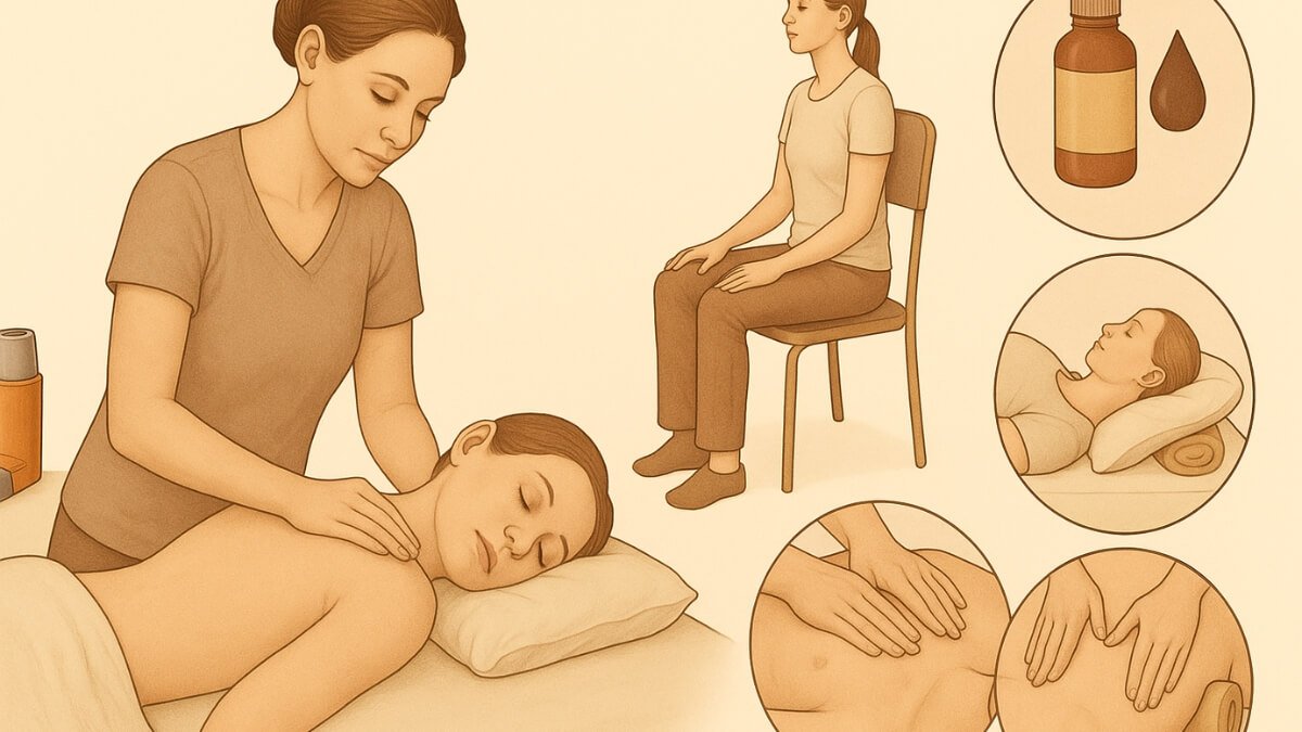Masažas Esant Astmai (Massage for Asthma). Iliustracija perteikia kokį masažas galimą taikyti sergant astma.