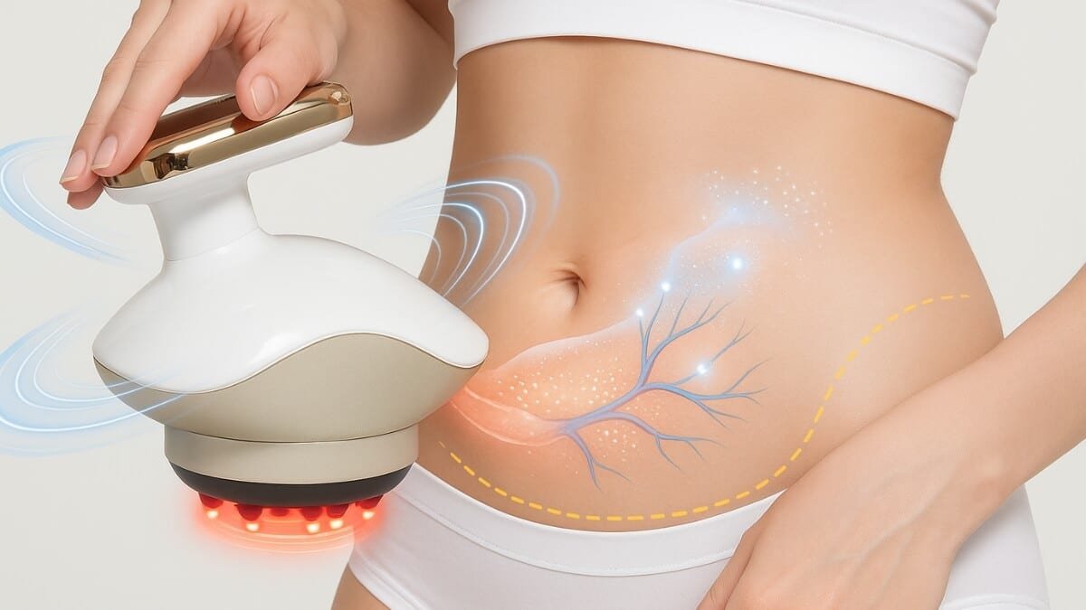 Daugiafunkcinis Grandiklis-Detoksikuojantis Kūno Masažuoklis (Multi-function Scraping Detoxifying Body Massager). Iliustracija perteikia, kad šis prietaisas efektyvus būdas detoksikuoti, mažinti celiulitą ir formuoti kūno linijas.