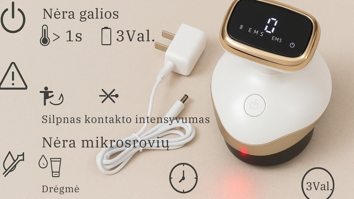 Daugiafunkcinis Grandiklis-Detoksikuojantis Kūno Masažuoklis (Multi-function Scraping Detoxifying Body Massager). Iliustracija perteikia, dažnas šio prietaiso problemas.