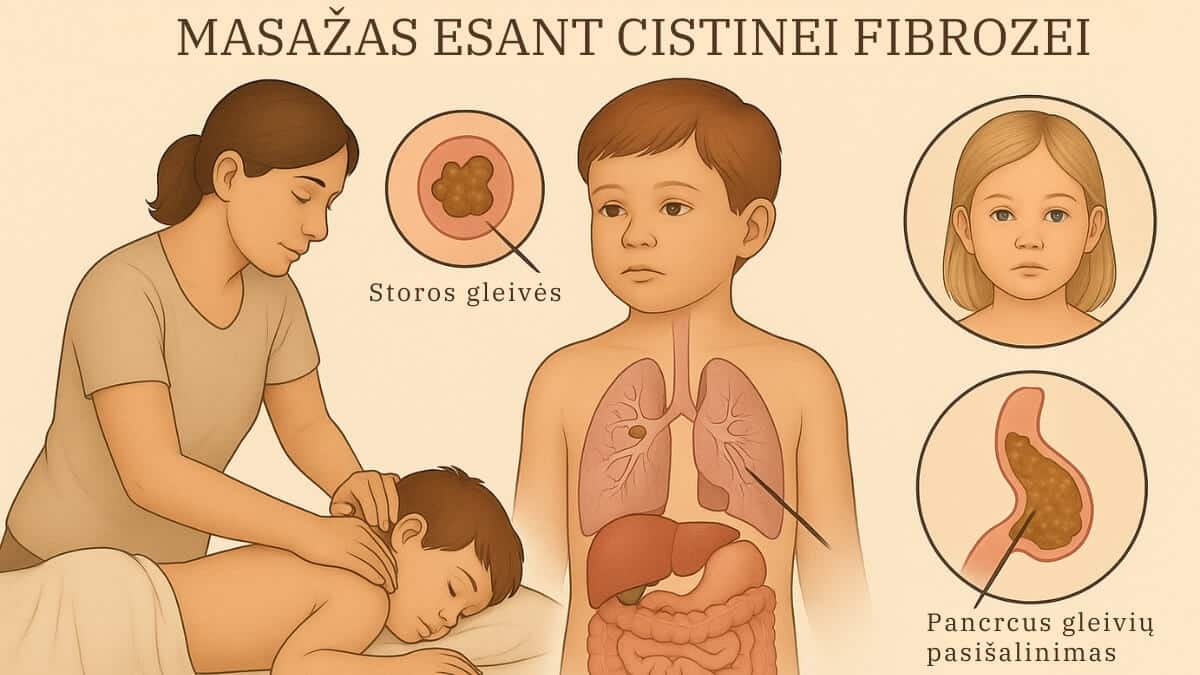 Masažas Esant Cistinei Fibrozei. Iliustracija perteikia ką sukelia cistinė fibrozė ir atliekamas masažas.