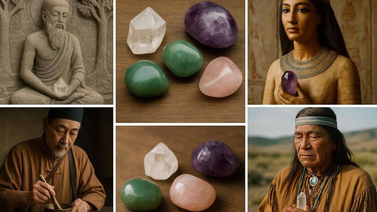 Kristalų Terapija (Crystal Therapy). Iliustracija perteikia kokiose kultūrose kristalai buvo naudojami.