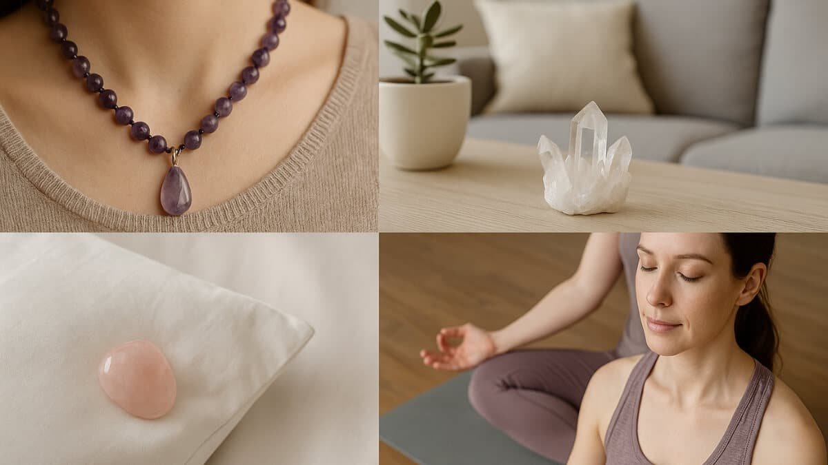 Kristalų Terapija (Crystal Therapy). Iliustracija, perteikia kaip kristalai gali būti naudojami kasdienybėje