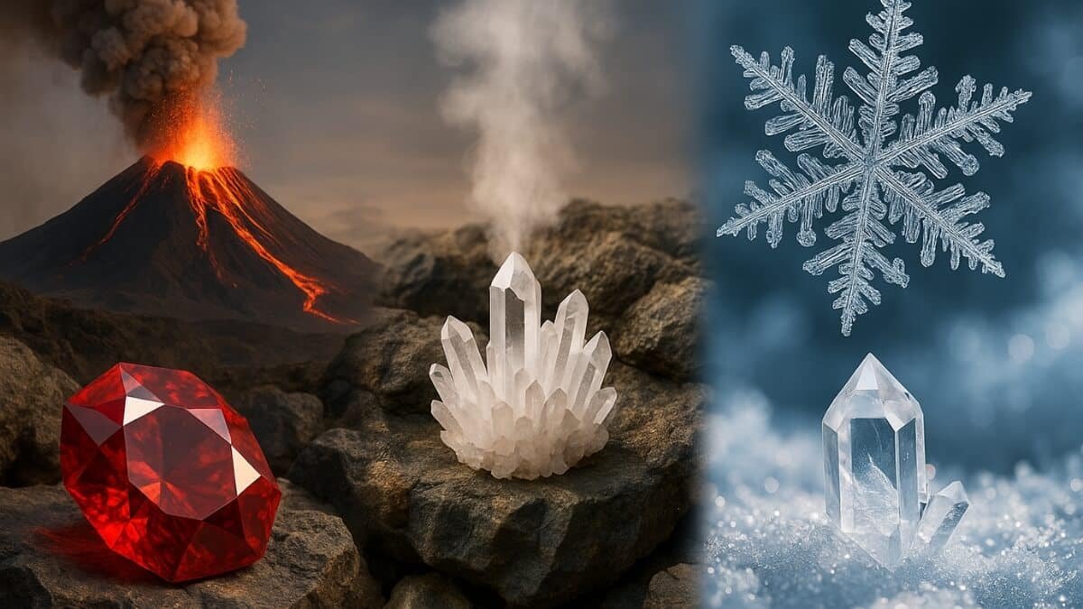 Kristalų Terapija (Crystal Therapy). Iliustracija, perteikia kaip susidaro kristalai.