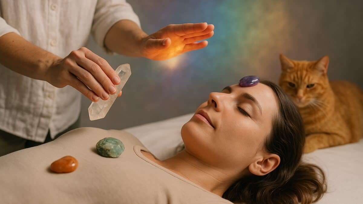 Kristalų Terapija (Crystal Therapy). Iliustracija, perteikia kaip veikai kristalų terapija.