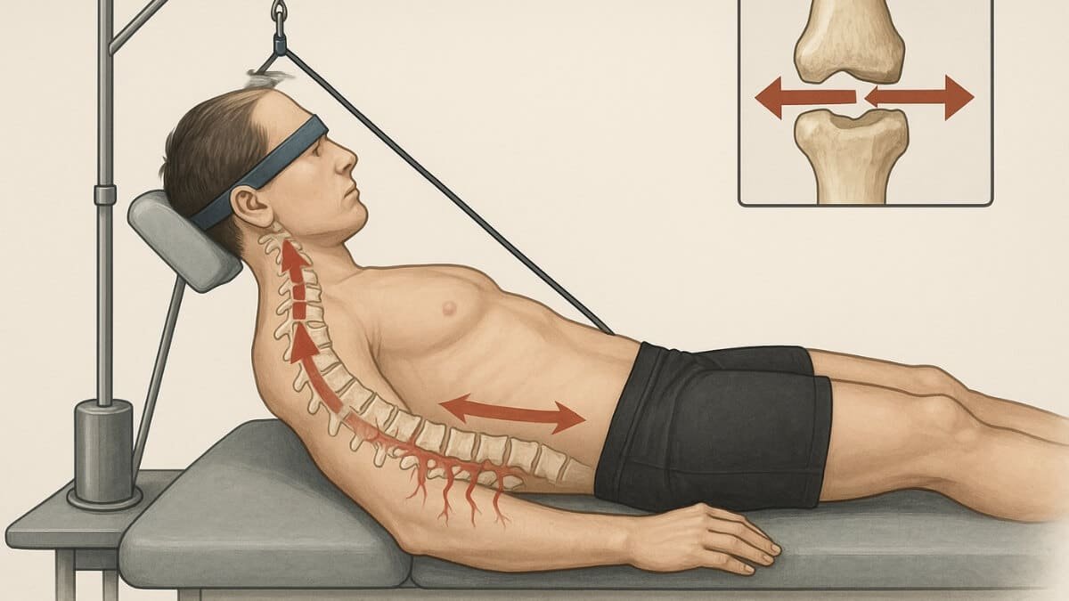Stuburo Tempimo (Trakcijos) Metodika Spinal Traction Methodology. Paveiksliukas pavaizduoja, kaip atliekamas trakcijos metodika vyrui.
