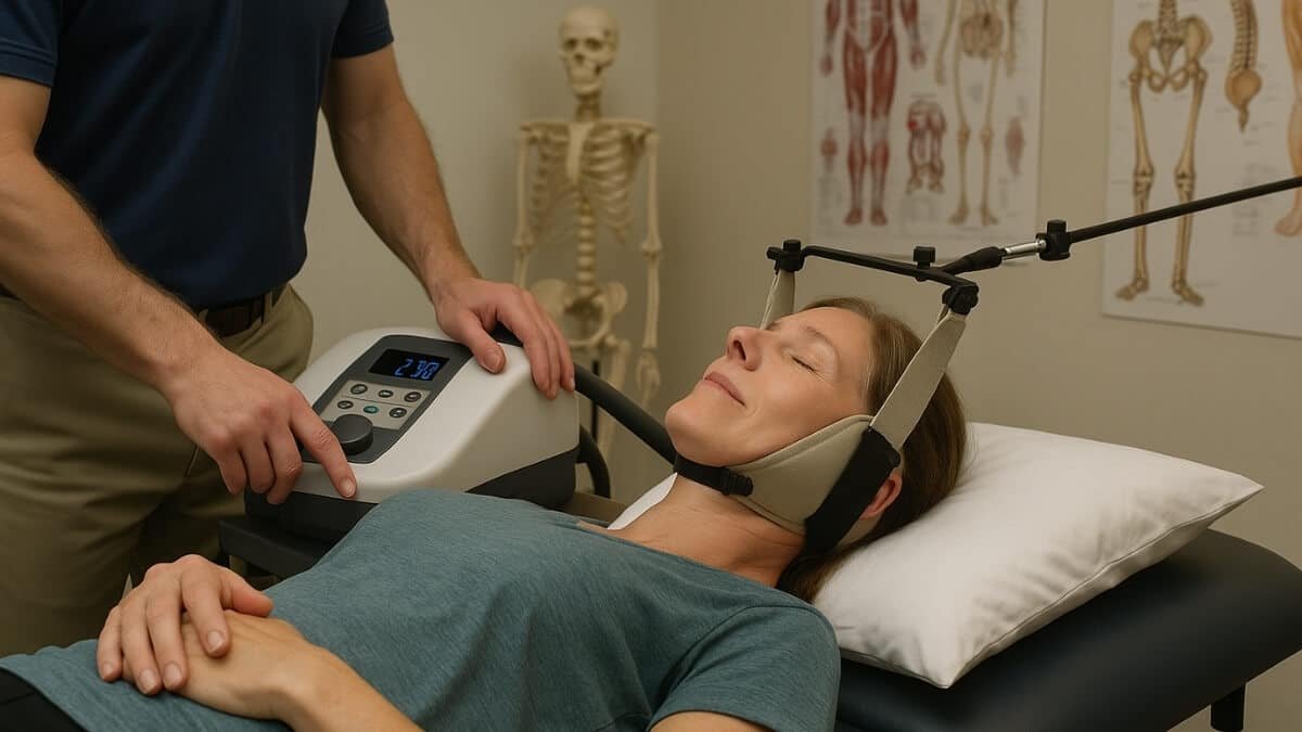 Stuburo Tempimo (Trakcijos) Metodika Spinal Traction Methodology. Paveiksliukas pavaizduoja, kaip atliekama trakcijos metodika moters viršutiniai daliai.