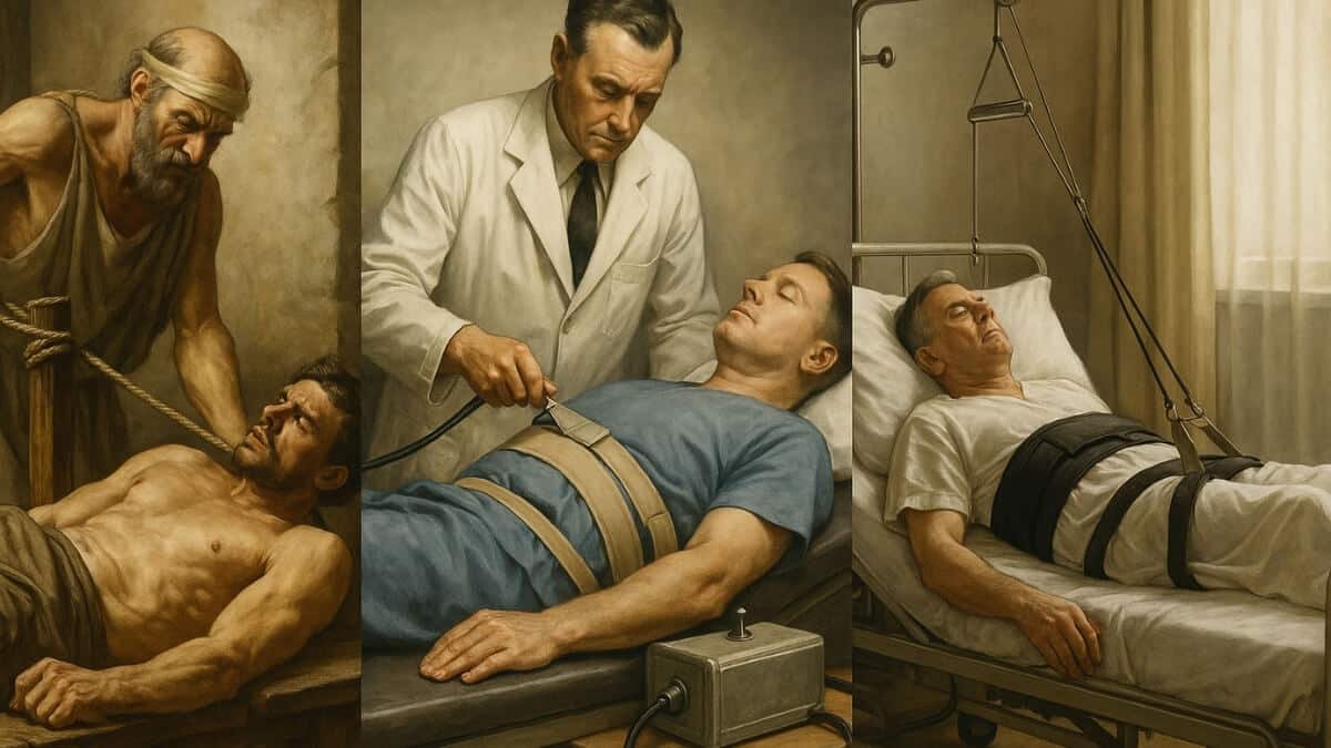 Stuburo Tempimo (Trakcijos) Metodika Spinal Traction Methodology. Paveiksliukas pavaizduoja, kad ir senovėje buvo taikomos tempimo technikos.
