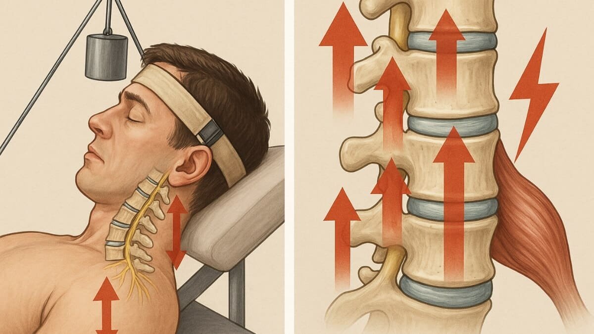 Stuburo Tempimo (Trakcijos) Metodika Spinal Traction Methodology. Paveiksliukas pavaizduoja, koks yra fiziologinis poveikis taikant stuburo tempimo metodiką.