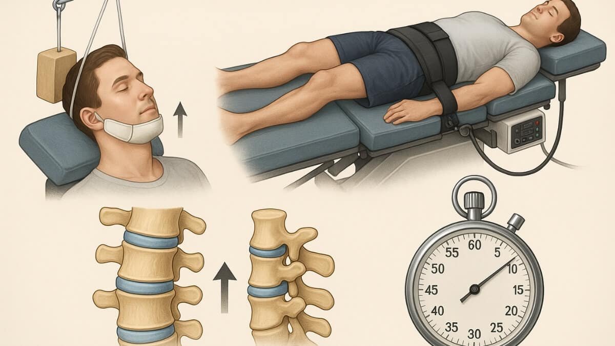 Stuburo Tempimo (Trakcijos) Metodika Spinal Traction Methodology. Paveiksliukas pavaizduoja, kaip atliekamas trakcijos metodika vyrui.