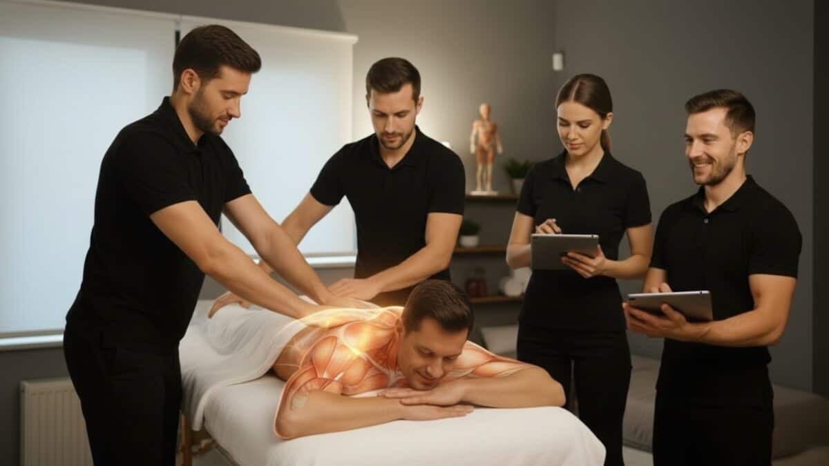 Masažo Studija Humanus Pagrindinis Puslapis. Iliustracija perteikia, kaip specialistai taiko sveikatinimo masažo procedūra klientui.