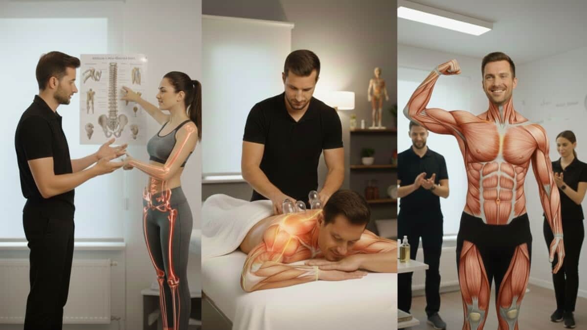 Apie masažo studiją Humanus. Iliustracija perteikia, kaip testuoja pacientą ir tikslina skaudamas vietas.