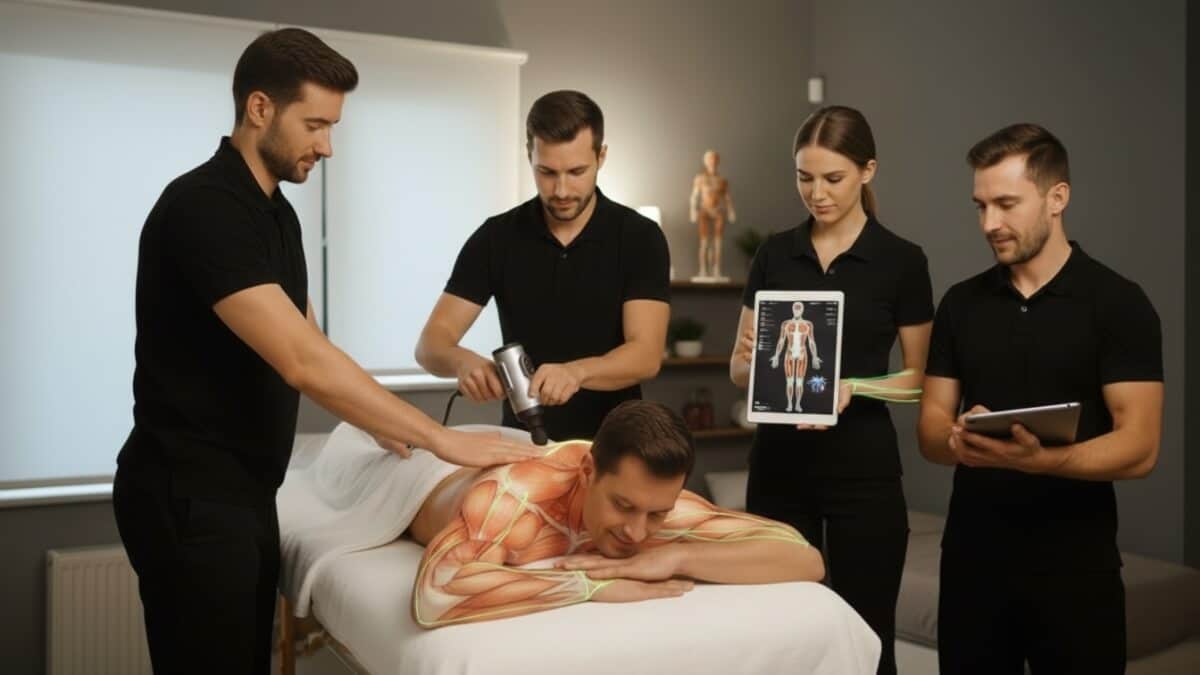 Masažo Studija Humanus Pagrindinis Puslapis. Iliustracija perteikia, kaip specialistai taiko sveikatinimo masažo procedūra klientui.