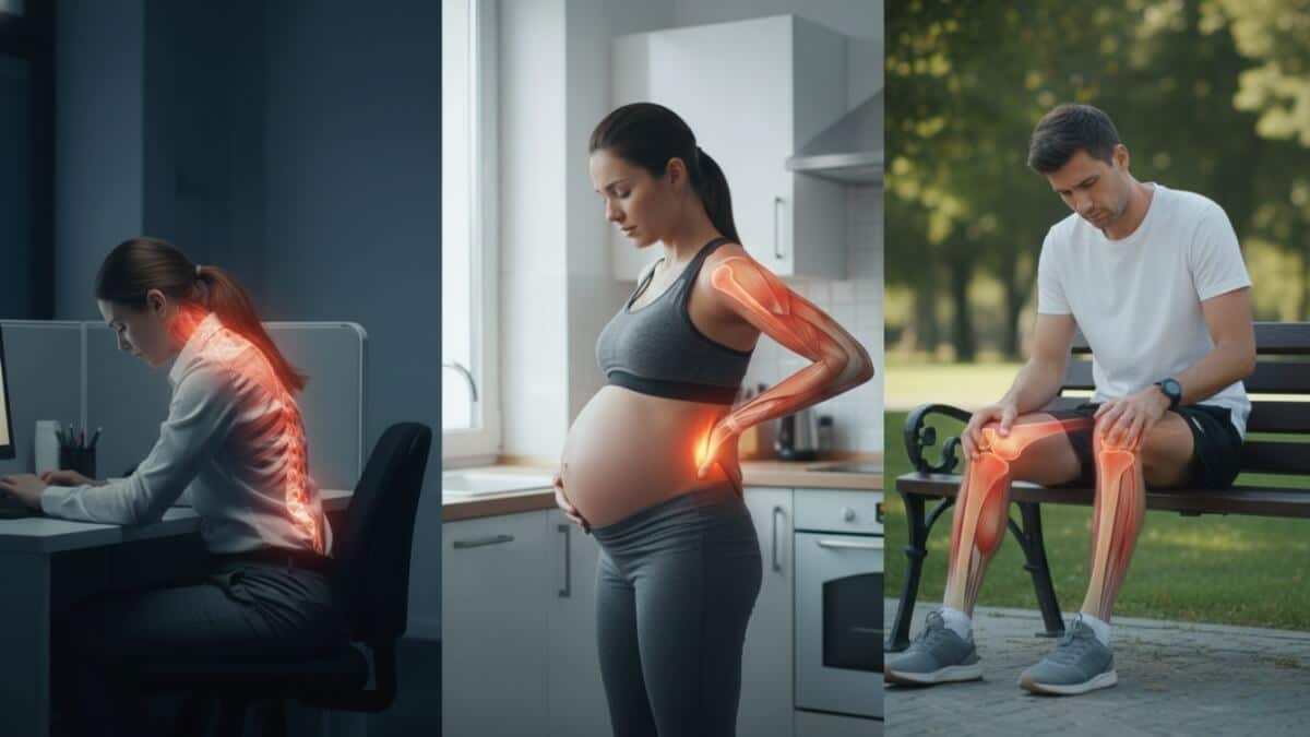 Masažo Studija Humanus Pagrindinis Puslapis. Iliustracija perteikia, kaip specifiniai nugaros skausmai nėštumo metu, sportinės traumos ir sutingimas neigiamai veikia kūną.