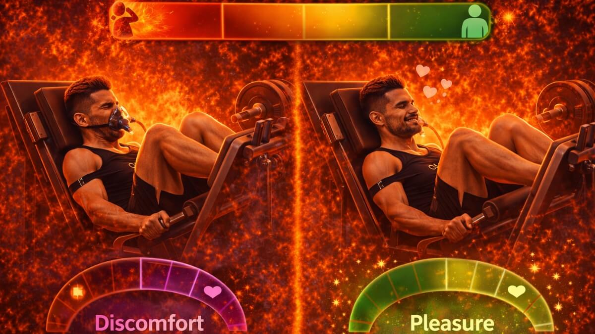 Koks kartojimo tempas geriausias raumenų augimui? Koks kartojimo tempas geriausias raumenų augimui?. Vyras atlieka kojų preso pratimą, kairėje rodomas diskomfortas, dešinėje – malonumas treniruotės metu.