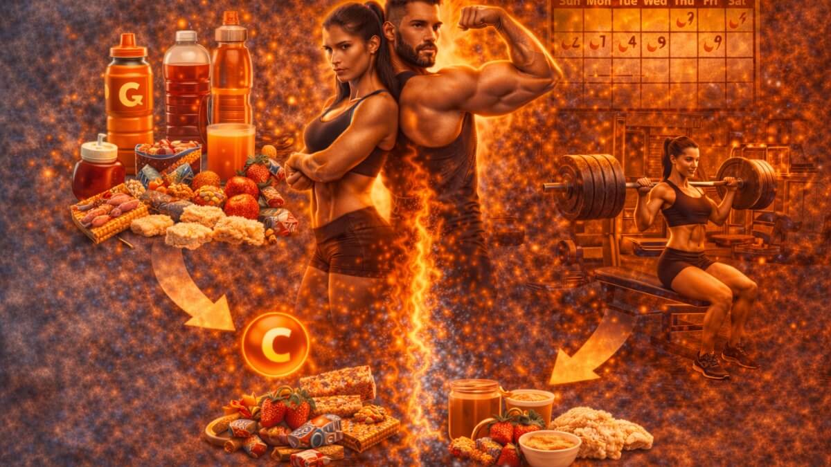 Kaip vienu metu auginti raumenis ir mažinti riebalus Kaip vienu metu auginti raumenis ir mažinti riebalus. Sportuojantis vyras ir moteris su angliavandenių turinčiu maistu, sportiniais gėrimais ir treniruočių planu.